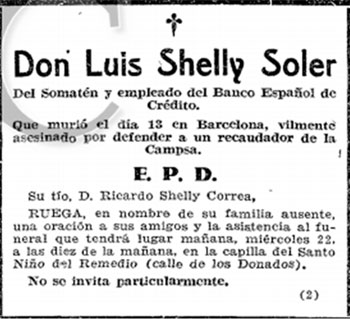 (2) Esquela de Luís Shelly Soler puesta por su tío paterno Ricardo Shelly Correa anunciando la celebración de su funeral en Madrid.