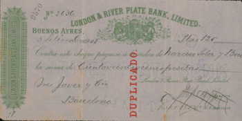 Cheque de 125 pesetas, del London & River Plate Bank Limited, emitido en Buenos Aires, en 1908, para ser cobrado por Narciso Soler Bou, en Barcelona.