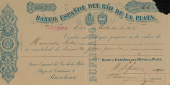 Cheque de 66 pesetas, del Banco Español del Rio de la Plata, emitido en Tucumán (Argentina), en 1912, para ser cobrado en Barcelona por Manuela Soler Borges.