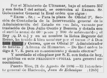Nota de prensa oficial comunicando el nombramiento de Luís Shelly Correa como Oficial 2º de la Sección de Contaduría de la Intervención general de la Administración del Estado; 21 de agosto de 1896.