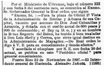 Nota de prensa oficial comunicando el nombramiento de Luís Shelly Correa como Oficial 2º de la Administración de Rentas y Aduana de San Juan; 22 de noviembre de 1897.