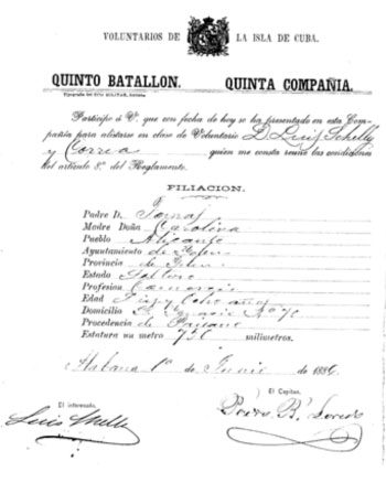Acreditación de Luís Shelly Correa como Voluntario del Quinto Batallón- Quinta Compañía de la Isla de Cuba en 1884.