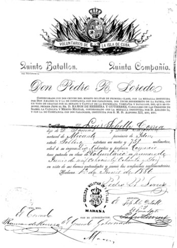 Acreditación de Luís Shelly Correa como Voluntario del Quinto Batallón – Quinta Compañía de la Isla de Cuba en 1886.