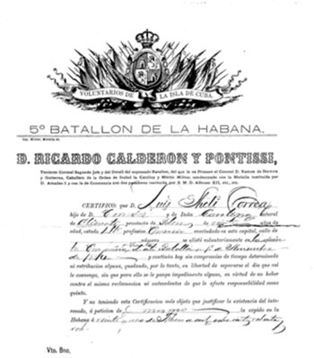 Acreditación de Luís Shelly Correa como Voluntario del Quinto de La Habana en 1888.