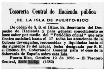 Nota en la Gaceta de Puerto Rico, la última firmada por Luís Shelly Correa, como Tesorero Central, 12 de octubre de 1898.