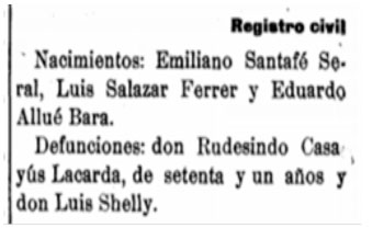 Nota en la prensa local de Huesca sobre la defunción de Luís Shelly Correa.
