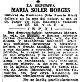 Esquela de María Soler Borges, hermana de Manuela Soler Borges.