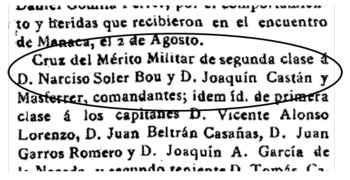 Información sobre la concesión a Narciso Soler Bou de la Cruz al Mérito Militar de 2ª clase.