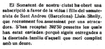 Nota de prensa del Somaten de Valls dando cuenta de la subscripción realizada tras el fallecimiento de Luís Shelly Soler.
