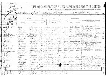 Lista de pasajeros embarcados en 1915 con destino a EE.UU. y en la que consta Carlos Shelly Soler.