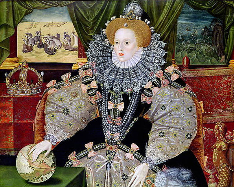 Reproducción Retrato de la reina Isabel I de Inglaterra por su triunfo a la Armada española. Cuadro anónimo 1590, Museo Marítimo de Londres.