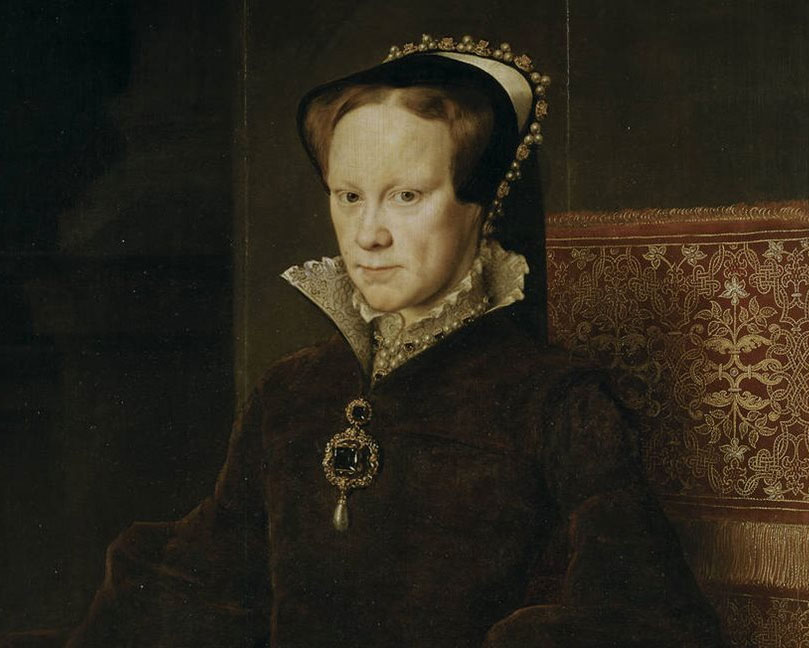 <b>2)</b> Retrato (detalle) de María Tudor, reina de Inglaterra y primera mujer de Felipe II, Retrato sobre óleo de Antoon Van Dashort Mor.